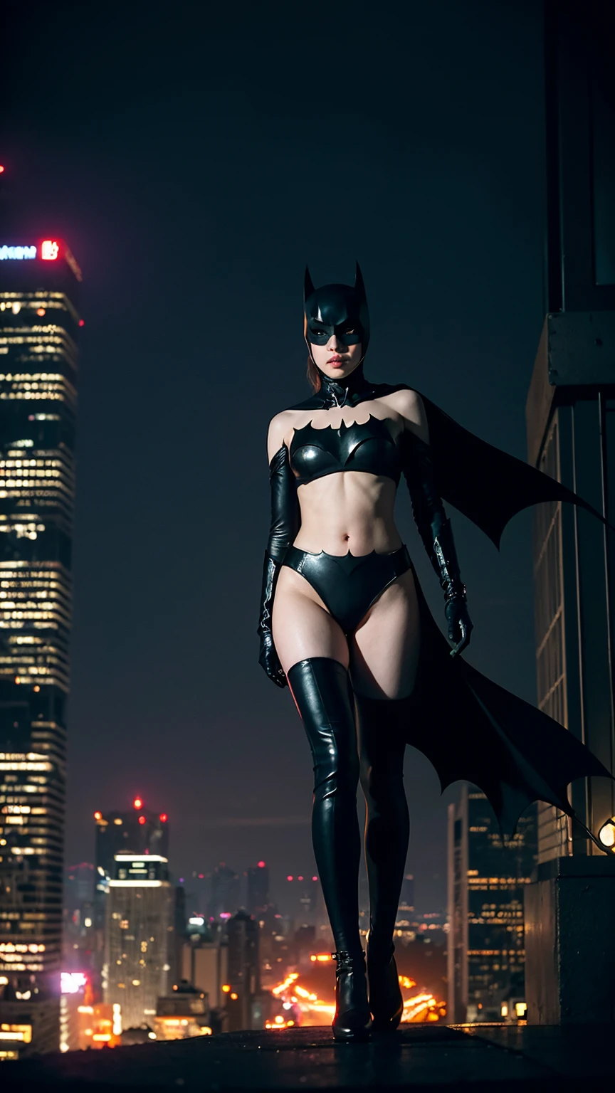 ((masterpiece, Highest quality, High resolution, Realistic, to be born, 8k wallpaper)),Standing in a bikini,Maika Monroe Batgirl, (Standing in Honor shot),Facing the camera in a menacing pose, Very hot and sexy, Great beauty, Perfect balance, Beautiful body, Slim body beauty: 1.4), Batman standing on a rooftop overlooking the city skyline at night, Gotham city background, nighttime in Gotham city, Gotham city, From the movie Batman, Gotham city double exposure, Gotham city style, Batman film still, metropolis filmic Gotham city, Cyberpunk Batman, Batman movie stills, Batman movie still cinematic, Gotham setting, Batman, Gotham,