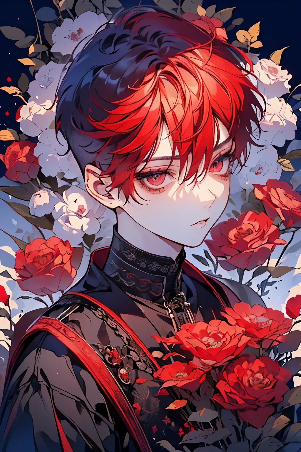 (Mastepiece), (Best Quality), Very detailed, 1 boy, Solo Shooting, Perfect Face, Beautiful Face, Very detailedな顔,(Red Hair:1.3),(short hair:1.4)、(Big eyes:1.4),(Long eyelashes:1.4)、(Red Eyes:1.3)、Black clothes、Lots of flowers、petal