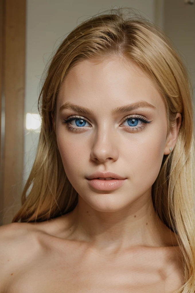 Blonde girl, stunning beautiful face, big lips, blue eyes