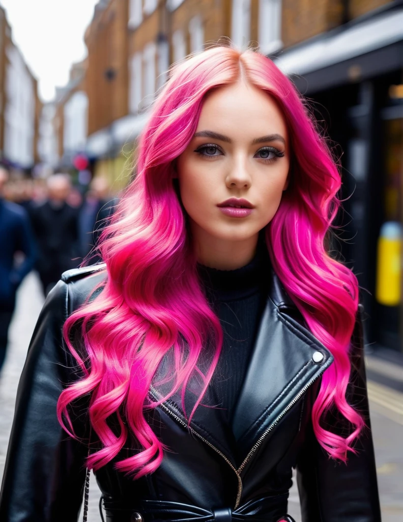 very attractive 25 year old girl with long wavy bright pink hair, wearing an un black leather coat black dress, walking through the streets of london, photo quality, close up of face