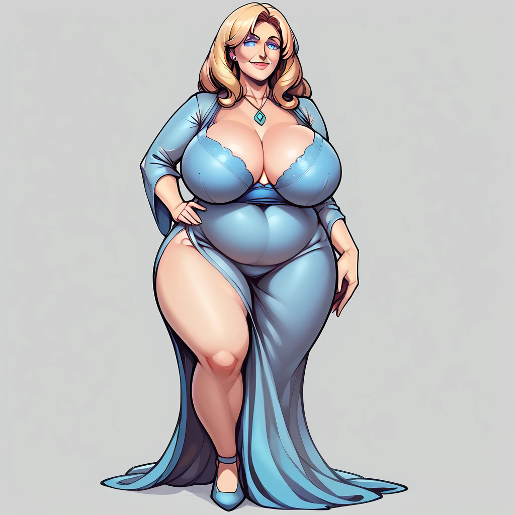 1girl, milf, neneneji, plump, (blonde hair, long hair, blue eyes, glowing eyes, huge breasts, wide hips, thick thighs, standing, one hand on hip, smirk, full body shot, simple background,