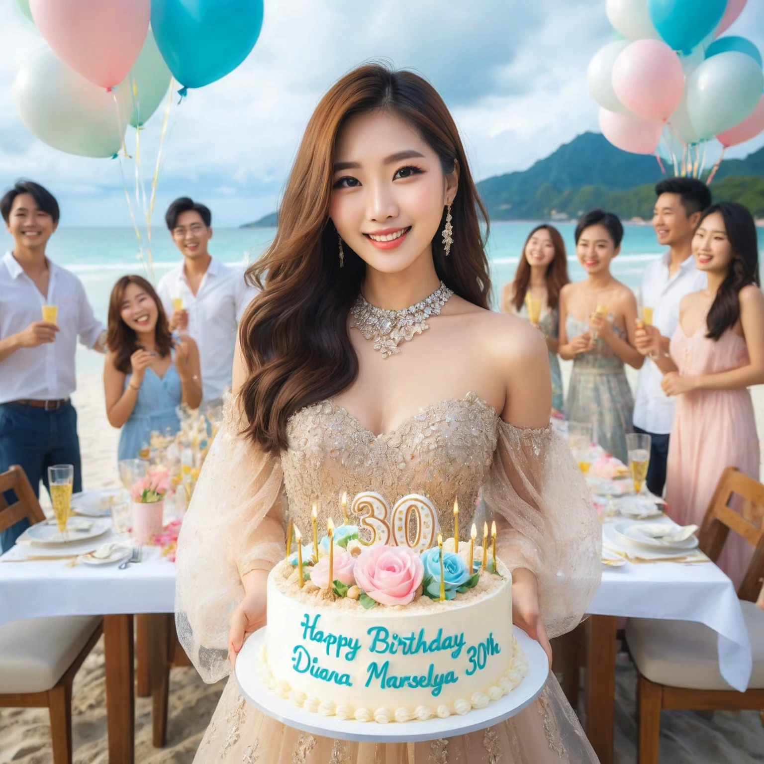 professional photography of the birthday celebration of a 30 year old asian woman wearing a beautiful dress, standing on the beach with balloons and birthday decorations, he is a birthday cake it says "Happy Birthday Diana Marsellya 30th", celebrate with friends, lively celebrate, he is happy and smiling, on the beach background with birthday decoration backdrop, The invited guests were seen, beautiful sea view, photorealistic, ultra high quality photo