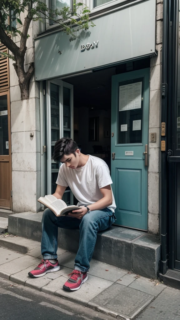 A young man is sitting sideways to the street and the door and window are made of glass. Showing the street with car and people walking on the street. He is reading a book titled "The Holy Bible"