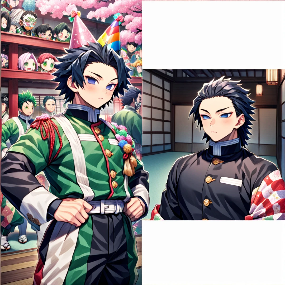 Ultra detailed, high resolution, absurd, HDR, masterpiece, Demon Slayer, Kimetsu no Yaiba, Demon Slayer, Kimetsu no Yaiba, Tomioka Giyuu, Uzui Tengen, Sanemi Shinazugawa, the hashiras are wearing birthday party hats, handsome, strong man, it's someone's birthday, they are inside a Japanese house ,in black demon slayer corps uniform, anime Kimetsu No Yaiba, fantasy, handsome, best quality, extremely detailed face, party, Water Hashira, Sound Hashira, Wind Hashira, party at the demon slayer corps with the three hashiras