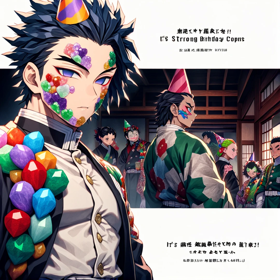 Ultra detailed, high resolution, absurd, HDR, masterpiece, Demon Slayer, Kimetsu no Yaiba, Demon Slayer, Kimetsu no Yaiba, Tomioka Giyuu, Uzui Tengen, Sanemi Shinazugawa, the hashiras are wearing birthday party hats, handsome, strong man, it's someone's birthday, they are inside a Japanese house ,in black demon slayer corps uniform, anime Kimetsu No Yaiba, fantasy, handsome, best quality, extremely detailed face, party, Water Hashira, Sound Hashira, Wind Hashira, party at the demon slayer corps with the three hashiras