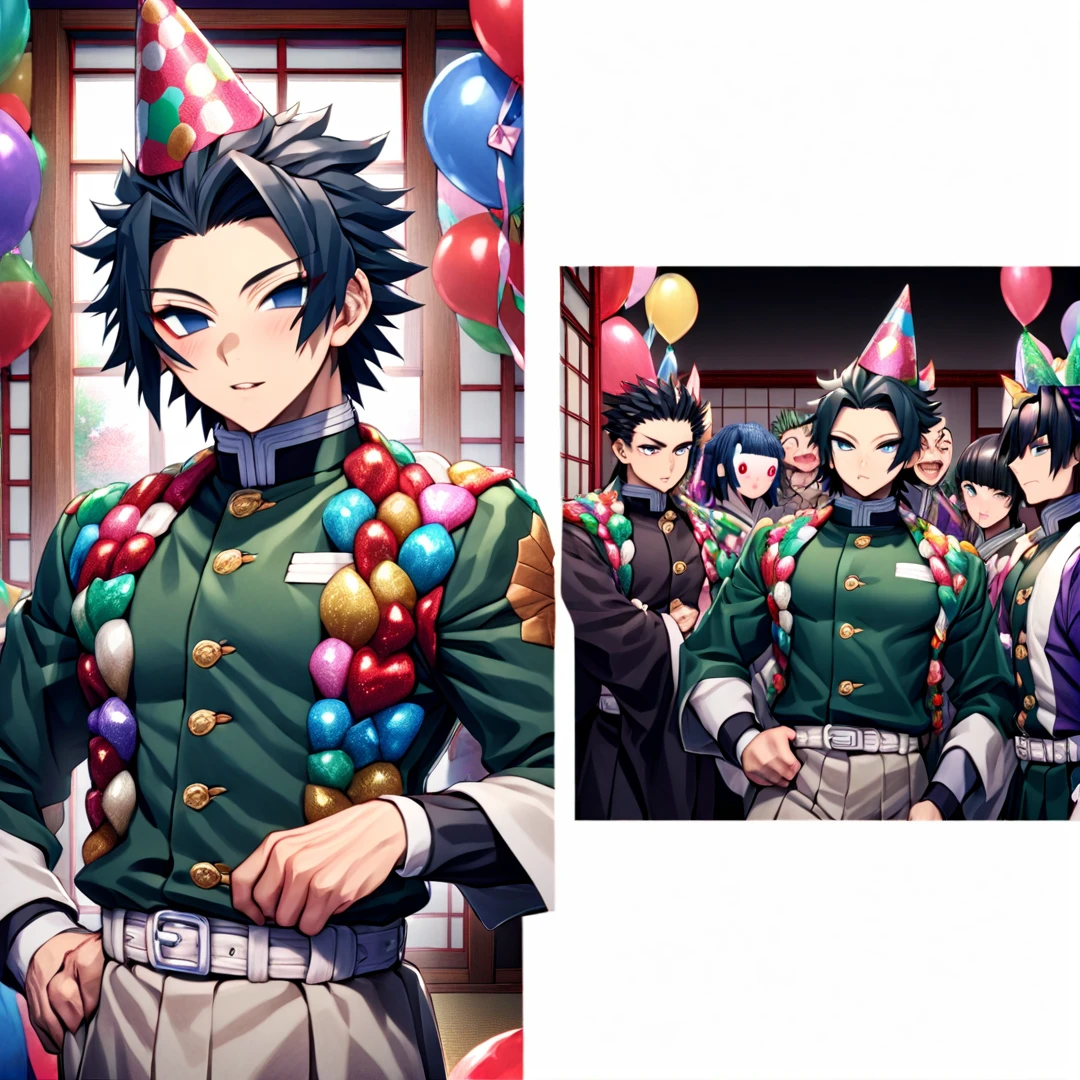 Ultra detailed, high resolution, absurd, HDR, masterpiece, Demon Slayer, Kimetsu no Yaiba, Demon Slayer, Kimetsu no Yaiba, Tomioka Giyuu, Uzui Tengen, Sanemi Shinazugawa, the hashiras are wearing birthday party hats, handsome, strong man, it's someone's birthday, they are inside a Japanese house ,in black demon slayer corps uniform, anime Kimetsu No Yaiba, fantasy, handsome, best quality, extremely detailed face, party, Water Hashira, Sound Hashira, Wind Hashira, party at the demon slayer corps with the three hashiras