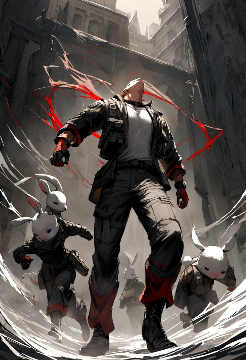 white lop-eared rabbit guy, Eternal smile,thin build, sinewy, elongated,with red markings,dressed in black camouflage, the jacket was short, white t-shirt, the trousers had straps with a pair of straps and were in an X shape. soldier&#39;s knee - high boots