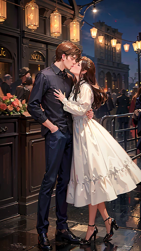 ((Highest quality)), ((masterpiece)), (detailed), (Perfect Face),Kissing couple , A little taller, Men and women, Brown Hair, at night