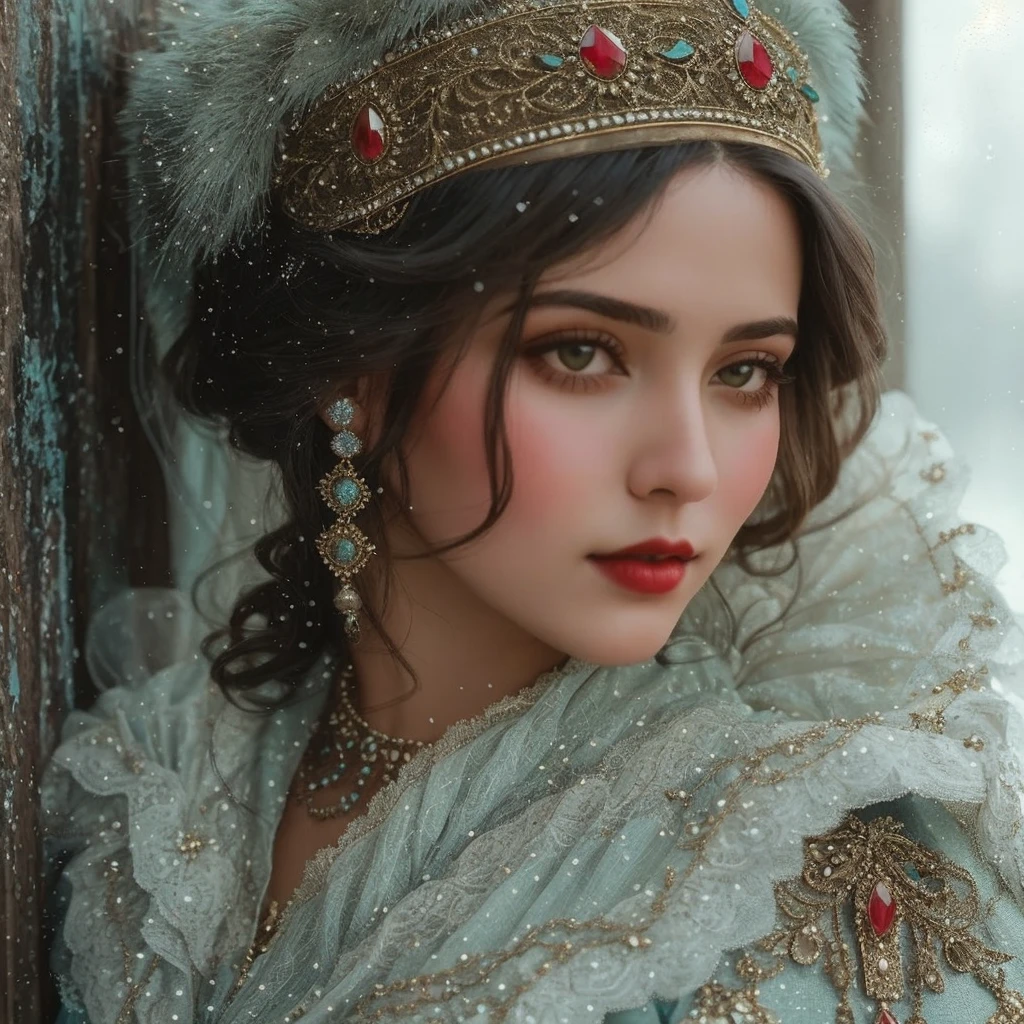 Beautiful 1920 vintage dark haired krygaz girl in gorgeous teal dress and ruby blouse