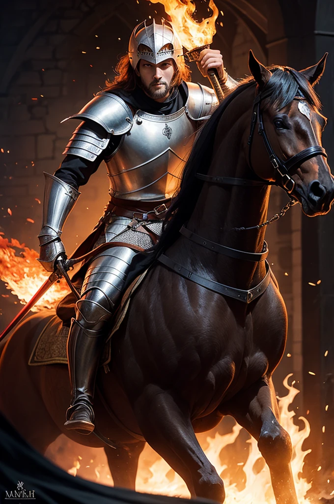 Medieval knight holding flaming sword on a black horse