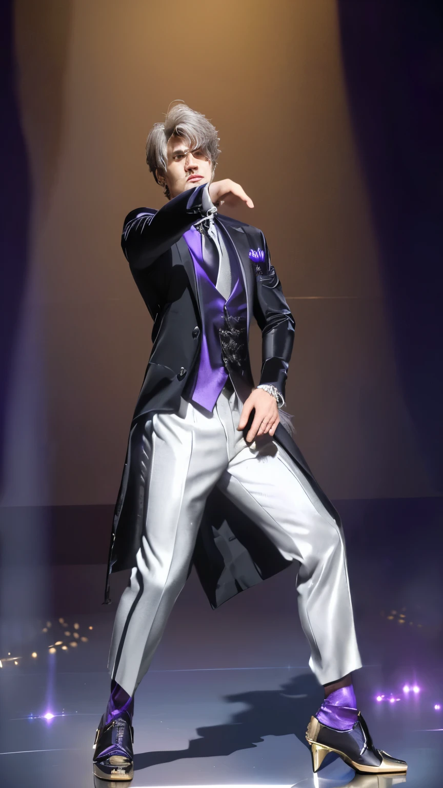 there is a man in a suit and tie dancing on stage, platinum attire, professor clothes, guy using the purple fancy suit, wearing fantasy formal clothing, as a character in tekken, celebration costume, ingame image, ((wearing aristocrat robe)), lunar themed attire, dapper dream demon, feather suit, skinny male magician, royal attire akira, he is dancing