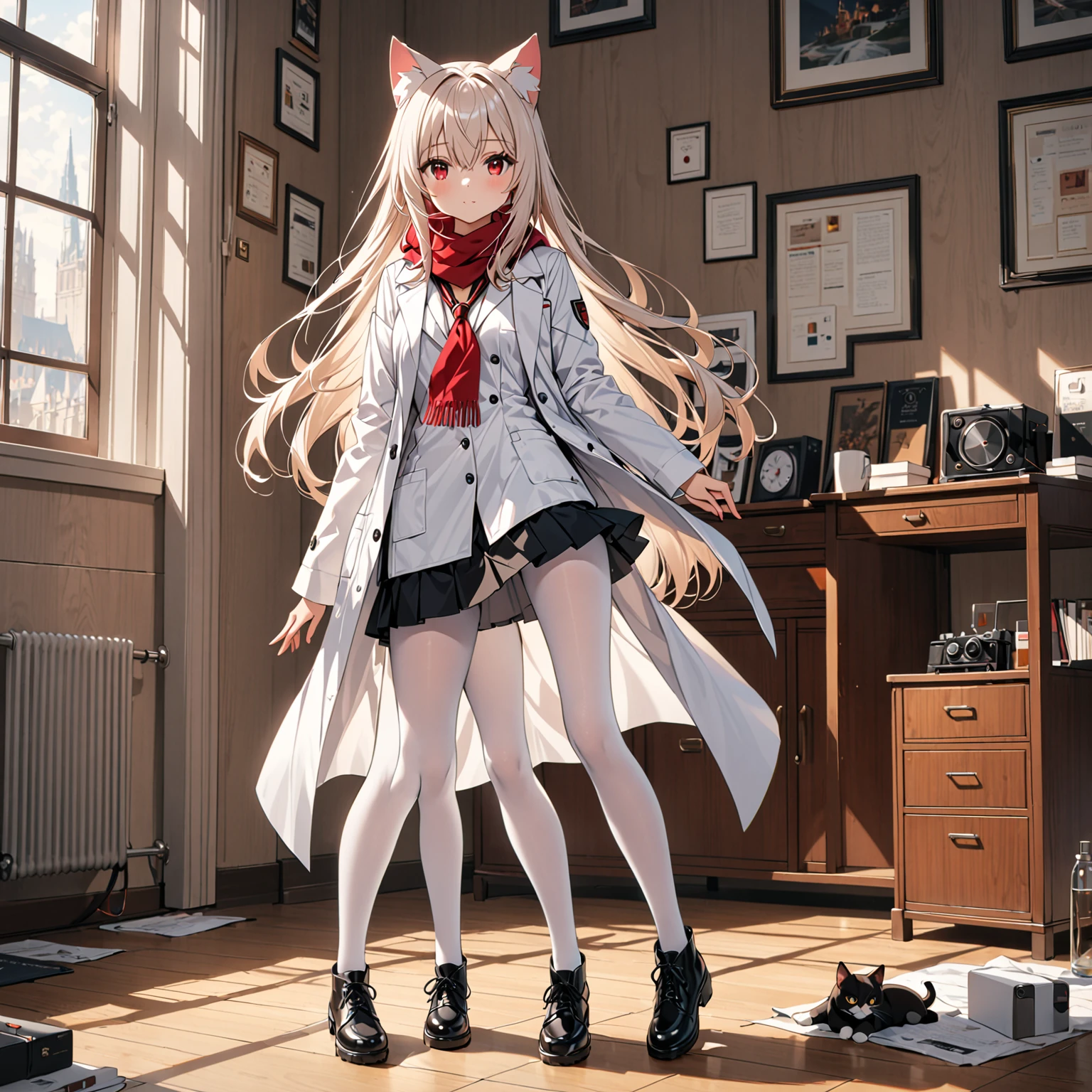 masterpiece, highest quality, highest resolution, clear_image, detailed details, White hair, long hair, cat ears, 1 girl, red eyes, white lab coat (with a black short skirt), white pantyhose, white scarf (around the neck), cute, full body, no water marks
