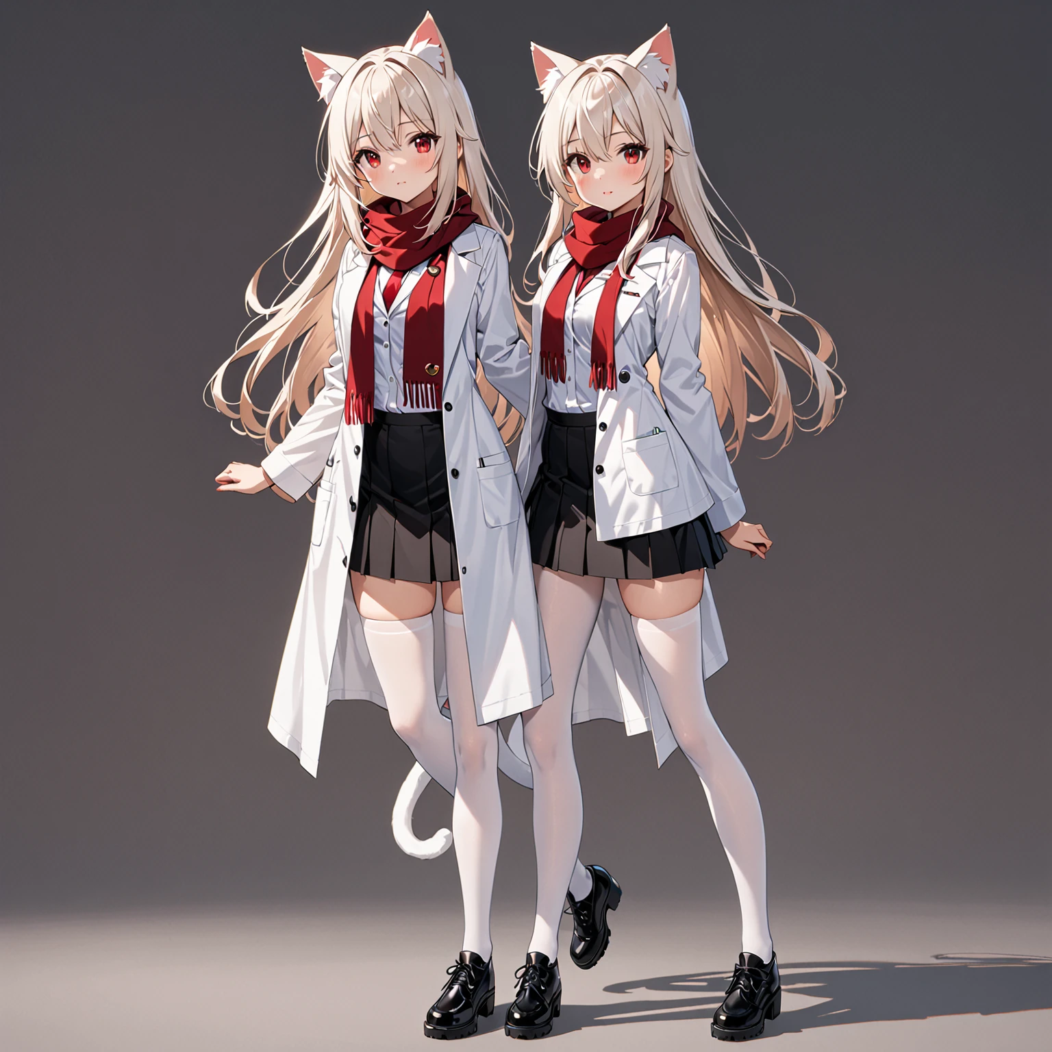 masterpiece, highest quality, highest resolution, clear_image, detailed details, White hair, long hair, cat ears, 1 girl, red eyes, white lab coat (with a black short skirt), white pantyhose, white scarf (around the neck), cute, full body, no water marks