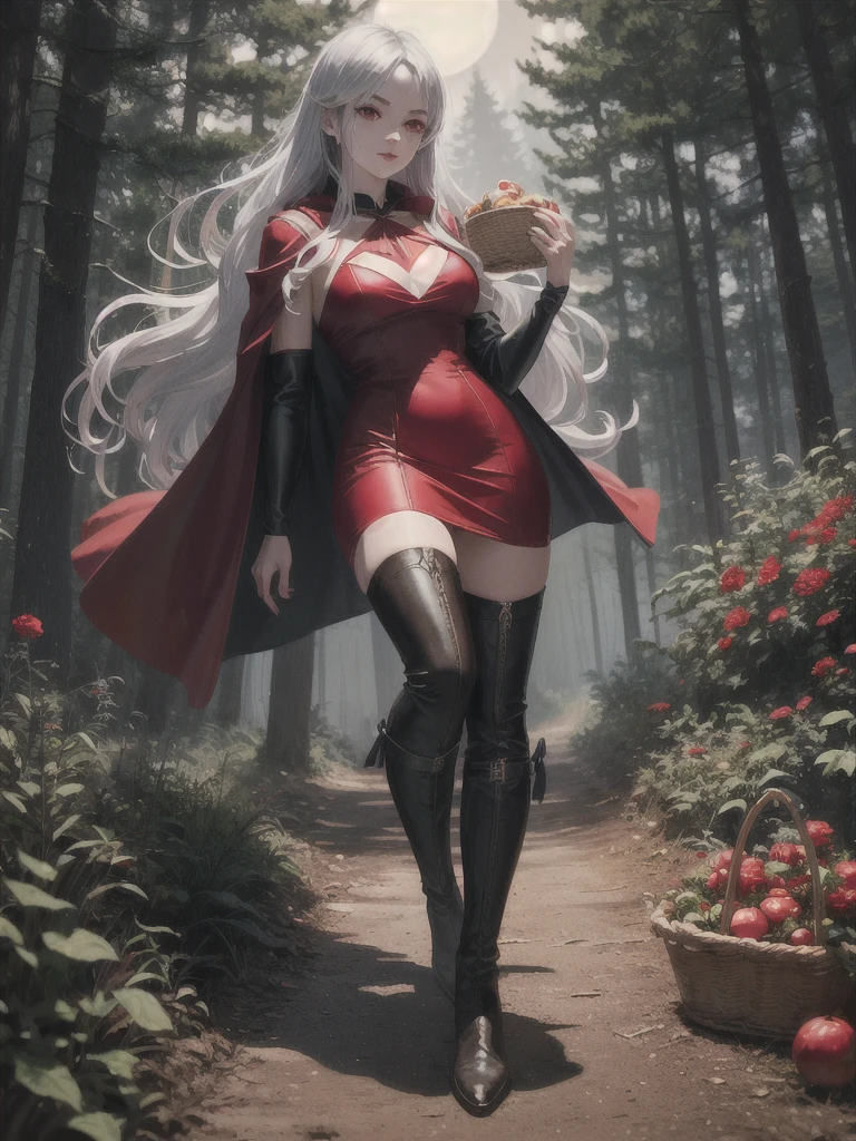 Build a breathtaking,1woman with silver hair and red eyes walking through the woods at night with a full moon in the dark night sky, wearing a ((Red dress)) and a ((Red hood)) wearing ((Red designer_boots)) wearing stockings, carrying a wicker basket of food in the left hand,