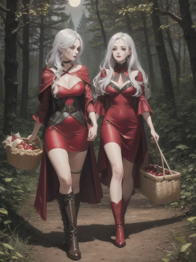 Build a breathtaking,1woman with silver hair and red eyes walking through the woods at night with a full moon in the dark night sky, wearing a ((Red dress)) and a ((Red hood)) wearing ((Red designer_boots)) wearing stockings, carrying a wicker basket of food in the left hand, 