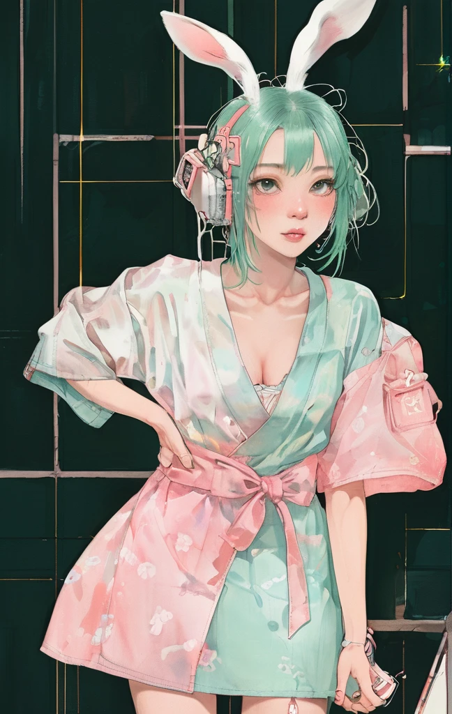 (highest quality, sketch:1.2), High resolution:0.75, Illustrator,anime, 1 girl, detailed lips, yukata、green dress,custom, (Dark monochrome background),neon hair,Texture Cropping, masterpiece, style, Retro Classic, Dark Black, Art Station, sketch book, bob hair [green:1.75] [neon:1.32], (Dark monochrome background:2.1), epic realistic, detailed、Girl, white hair, albino, beautiful, pastel pink shirt, pastel colors, lipgloss, brat, wide mouth, ethereal, submissive, white bunny ears, cute, fluffy ears, sweet, bunny teeth