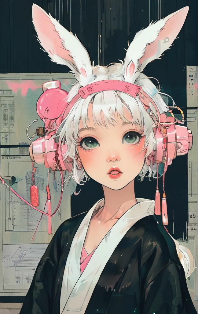 (highest quality, sketch:1.2), High resolution:0.75, Illustrator,anime, 1 girl, detailed lips, yukata、green dress,custom, (Dark monochrome background),neon hair,Texture Cropping, masterpiece, style, Retro Classic, Dark Black, Art Station, sketch book, bob hair [green:1.75] [neon:1.32], (Dark monochrome background:2.1), epic realistic, detailed、Girl, white hair, albino, beautiful, pastel pink shirt, pastel colors, lipgloss, brat, wide mouth, ethereal, submissive, white bunny ears, cute, fluffy ears, sweet, bunny teeth