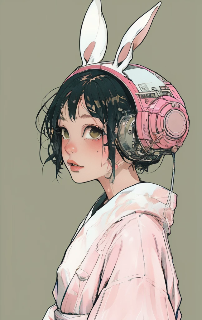 (highest quality, sketch:1.2), High resolution:0.75, Illustrator,anime, 1 girl, detailed lips, yukata、green dress,custom, (Dark monochrome background),neon hair,Texture Cropping, masterpiece, style, Retro Classic, Dark Black, Art Station, sketch book, bob hair [green:1.75] [neon:1.32], (Dark monochrome background:2.1), epic realistic, detailed、Girl, white hair, albino, beautiful, pastel pink shirt, pastel colors, lipgloss, brat, wide mouth, ethereal, submissive, white bunny ears, cute, fluffy ears, sweet, bunny teeth