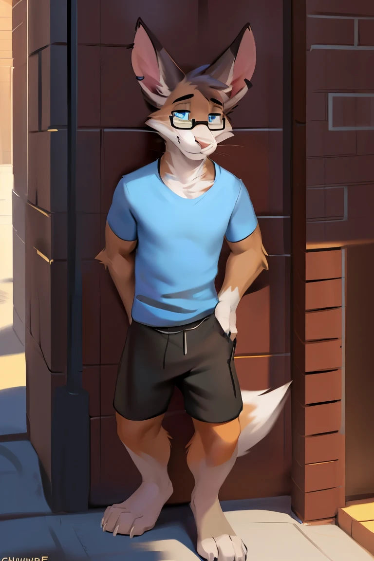 Alone, male, ((flat)), (((snout))), (notched ear, rabbit teeth), Delgado, weak, ((tired out, dizzy, tired out eyes, sleepy)), whiskers, gray fur, gray body, claws, (perfect smile, 1.1), rodent, by schmutzo, and lizette, (por bebebebebe 1.2), Delgado, smelly, nervous smile, ((mysticfox61)), by chunie, by no swift, black shorts pink t-shirt, alley, golden hour, PLANTS, blue eye glasses. Full body looking towards viewer