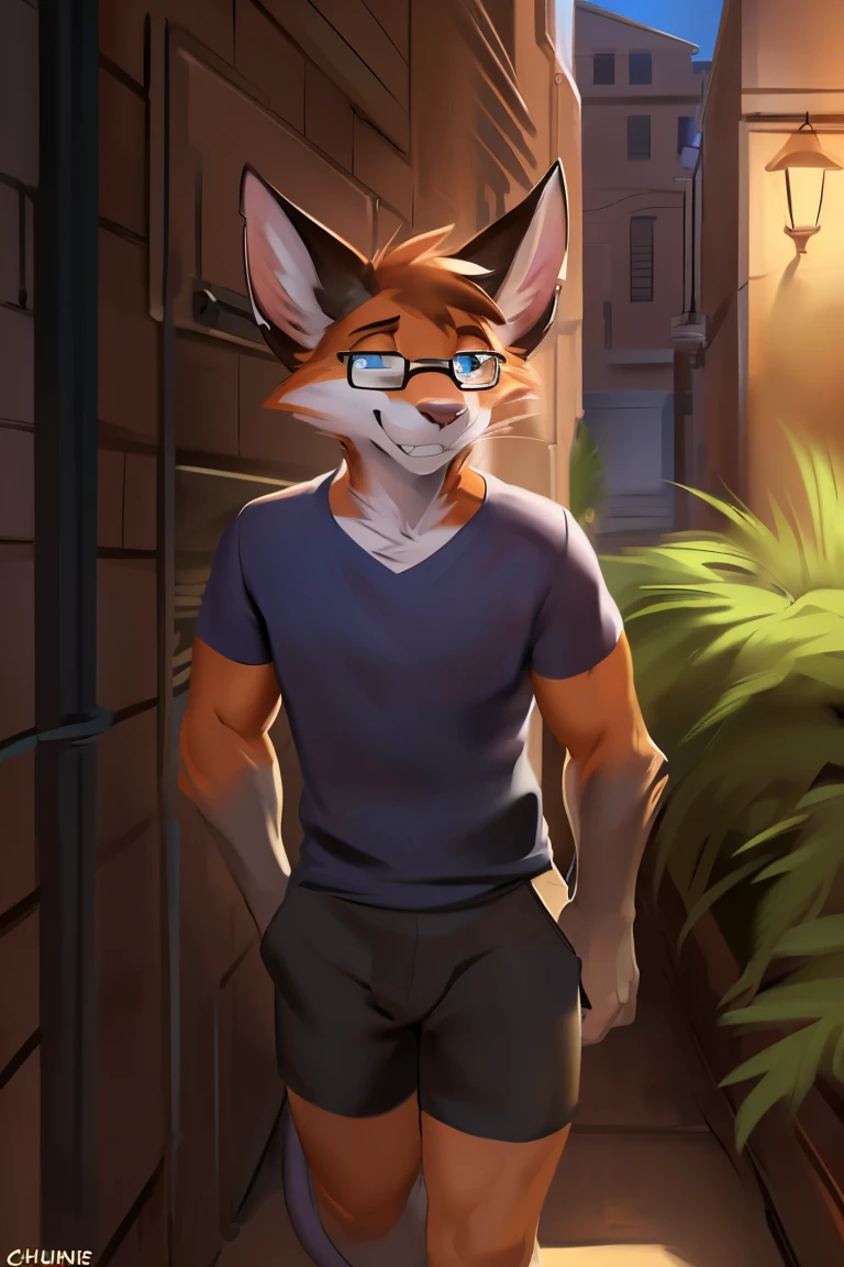 Alone, male, ((flat)), (((snout))), (notched ear, rabbit teeth), Delgado, weak, ((tired out, dizzy, tired out eyes, sleepy)), whiskers, gray fur, gray body, claws, (perfect smile, 1.1), rodent, by schmutzo, and lizette, (por bebebebebe 1.2), Delgado, smelly, nervous smile, ((mysticfox61)), by chunie, by no swift, black shorts pink t-shirt, alley, golden hour, PLANTS, blue eye glasses. Full body looking towards viewer