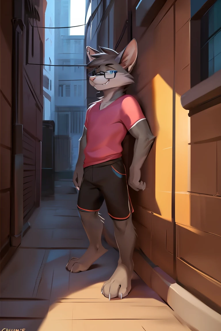 Alone, male, ((flat)), (((snout))), (notched ear, rabbit teeth), Delgado, weak, ((tired out, dizzy, tired out eyes, sleepy)), whiskers, gray fur, gray body, claws, (perfect smile, 1.1), rodent, by schmutzo, and lizette, (por bebebebebe 1.2), Delgado, smelly, nervous smile, ((mysticfox61)), by chunie, by no swift, black shorts pink t-shirt, alley, golden hour, PLANTS, blue eye glasses. Full body looking towards viewer