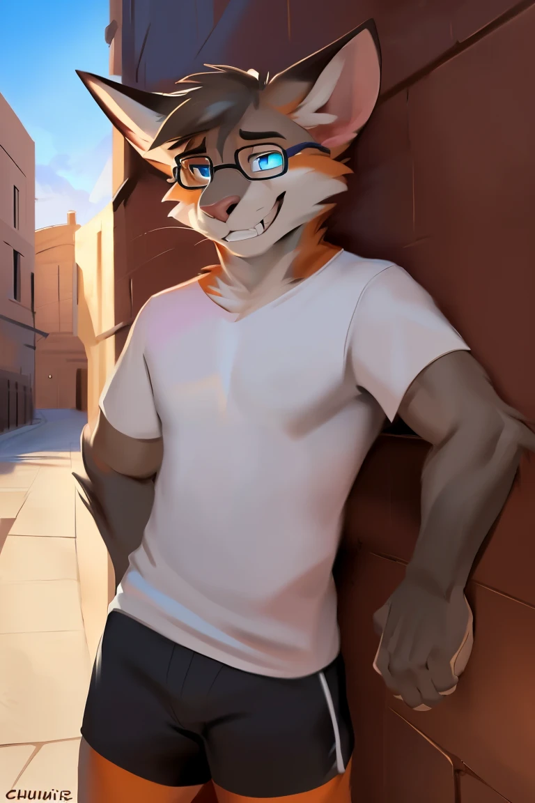 Alone, male, ((flat)), (((snout))), (notched ear, rabbit teeth), Delgado, weak, ((tired out, dizzy, tired out eyes, sleepy)), whiskers, gray fur, gray body, claws, (perfect smile, 1.1), rodent, by schmutzo, and lizette, (por bebebebebe 1.2), Delgado, smelly, nervous smile, ((mysticfox61)), by chunie, by no swift, black shorts pink t-shirt, alley, golden hour, PLANTS, blue eye glasses. Full body looking towards viewer
