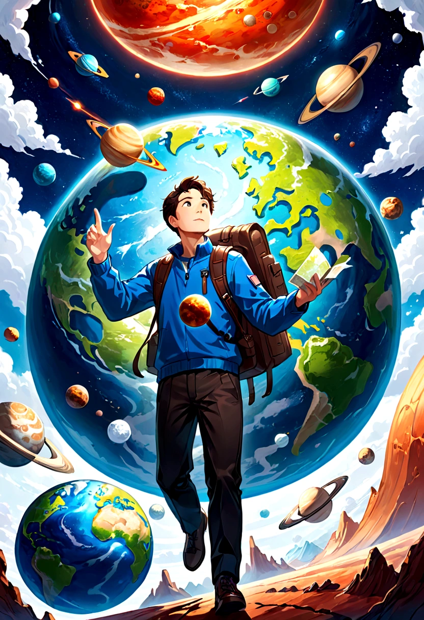 A man flies through the sky,Surrounded by a planet,A variety of goods surround it。The man holds the map,'s illustration。