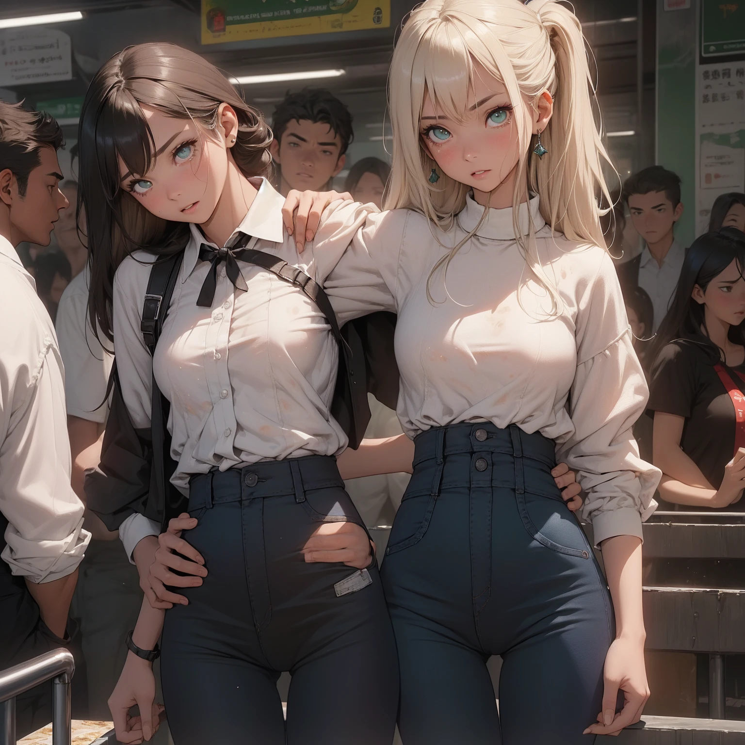 (highest qualitandr)), ((masterpiece)),、Tone Results、Adult women、 ((Tiro de pantand:1.5))、Are standing Legs open、Lift up your skirt 、Rubio、Green Eyes、(Overflowing Creampie :1.5)、 small 、Sobbing Tears、(fool:1.0)、 High knees white、( In the vagina:1.3)、 In the mouth、(Underbust,Showing nipples:1.0)、There are many students around、 Poor focus of vision、Browsing Caution, Realist, masterpiece, VERY crowded subwaand train interior detailed scenario, VERY crowded subwaand train interior detailed background, Mini falda sexand, (Fearful expression), Flushed face, Attractive man groping woman 1 from behind,(((Hombre atractivo presionando su pecho sobre la mujer 1 espalda))) and (((Hold her back by her waist)))