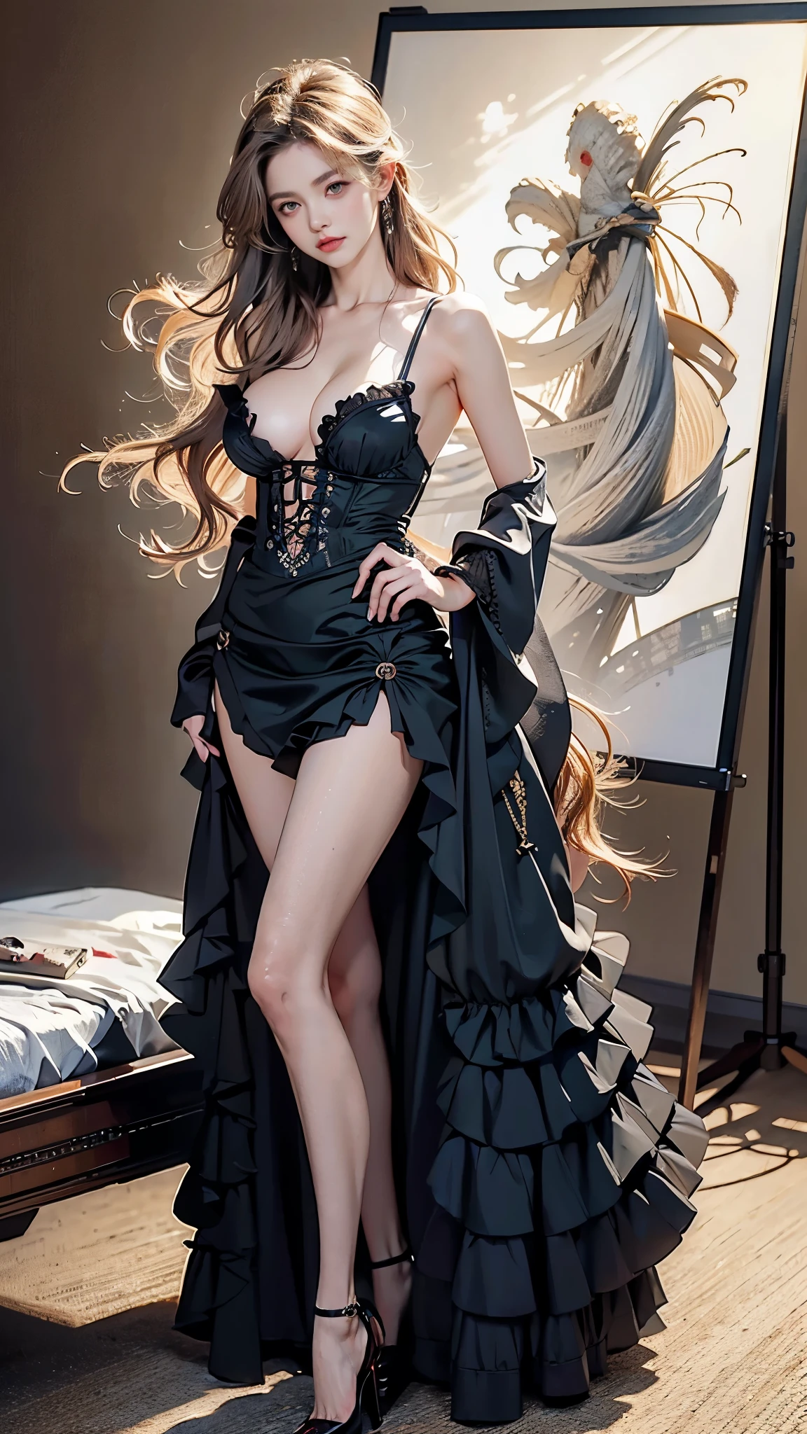 ((cowboy shot)), ((Short hemlines, sexy long legs)), ((Elegant and charming posture, random view shots)), realistic detailed photo of a giant breasted girl with exposed shoulders, detailed fingers, high quality skin, red eyes, alone in a winter scene with clouds, wind, and flowing hair, (best quality,4k,8k,highres,masterpiece:1.2),ultra-detailed,(realistic,photorealistic,photo-realistic:1.37),studio lighting,vivid colors