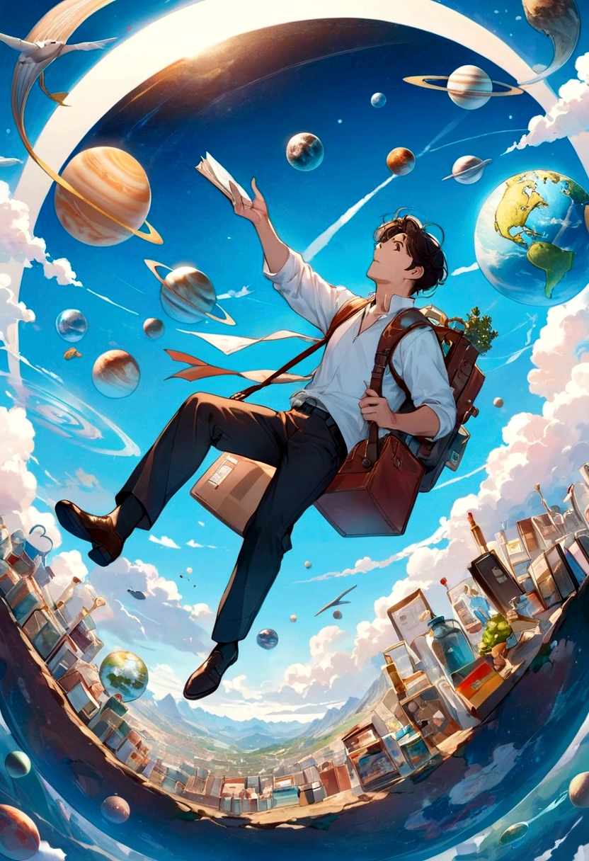 A man flies through the sky，Surrounded by a planet，A variety of goods surround it。The man holds the map，'s illustration。