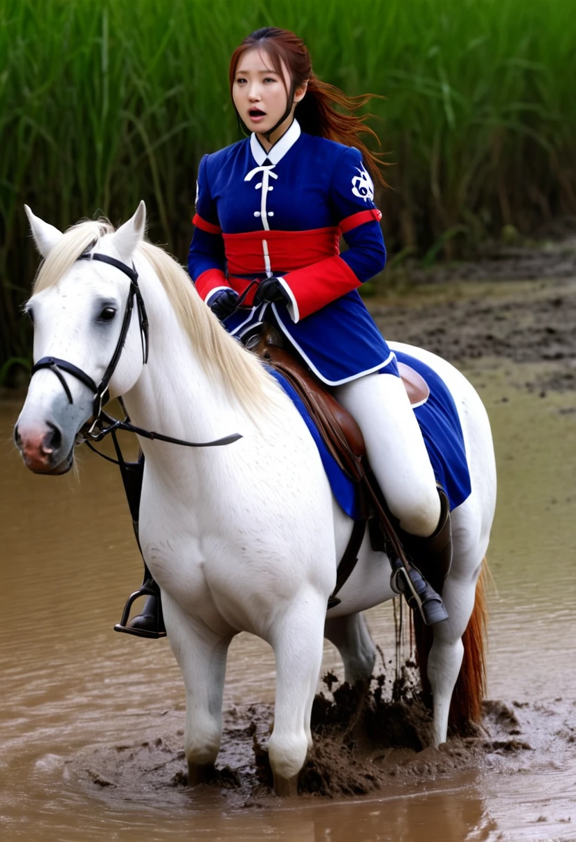(((masterpiece))),(((Highest quality))),((Tabletop:1.4, Highest quality)), (Realな写真:1.4),
((1 cute girl knight)),rodeo,horse standing,Surprised face,stumble,aggressive,slouch,horse standing, prancing horse,pitfall,Hero,
(超High resolution:1.2),, wonderful, Very detailed CG Unity 8k wallpaper, Very detailed, High resolution,fat horse ridden by japanese girl,Plump,Double,Red, white and blue outfit,Soaking in the swamp,Mud Splash,
Soft Light, Beautiful detailed girl, Droopy eyes,Very detailedな目と顔, Beautiful and exquisite nose, Beautiful and exquisite, horse ridden by a girl can't stand up because its drowned in the sticky muddy pitfall:10.0 ,Displeased face:4.0,Real,Stir,Anatomically correct,action horse riding scene while struggle fighting
