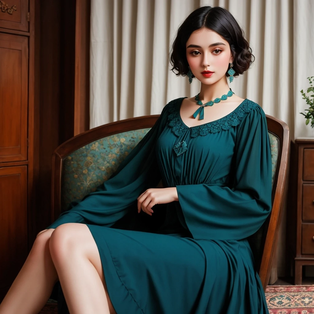 Beautiful  1920 vintage  dark haired krygaz girl  in gorgeous teal dress and ruby  blouse