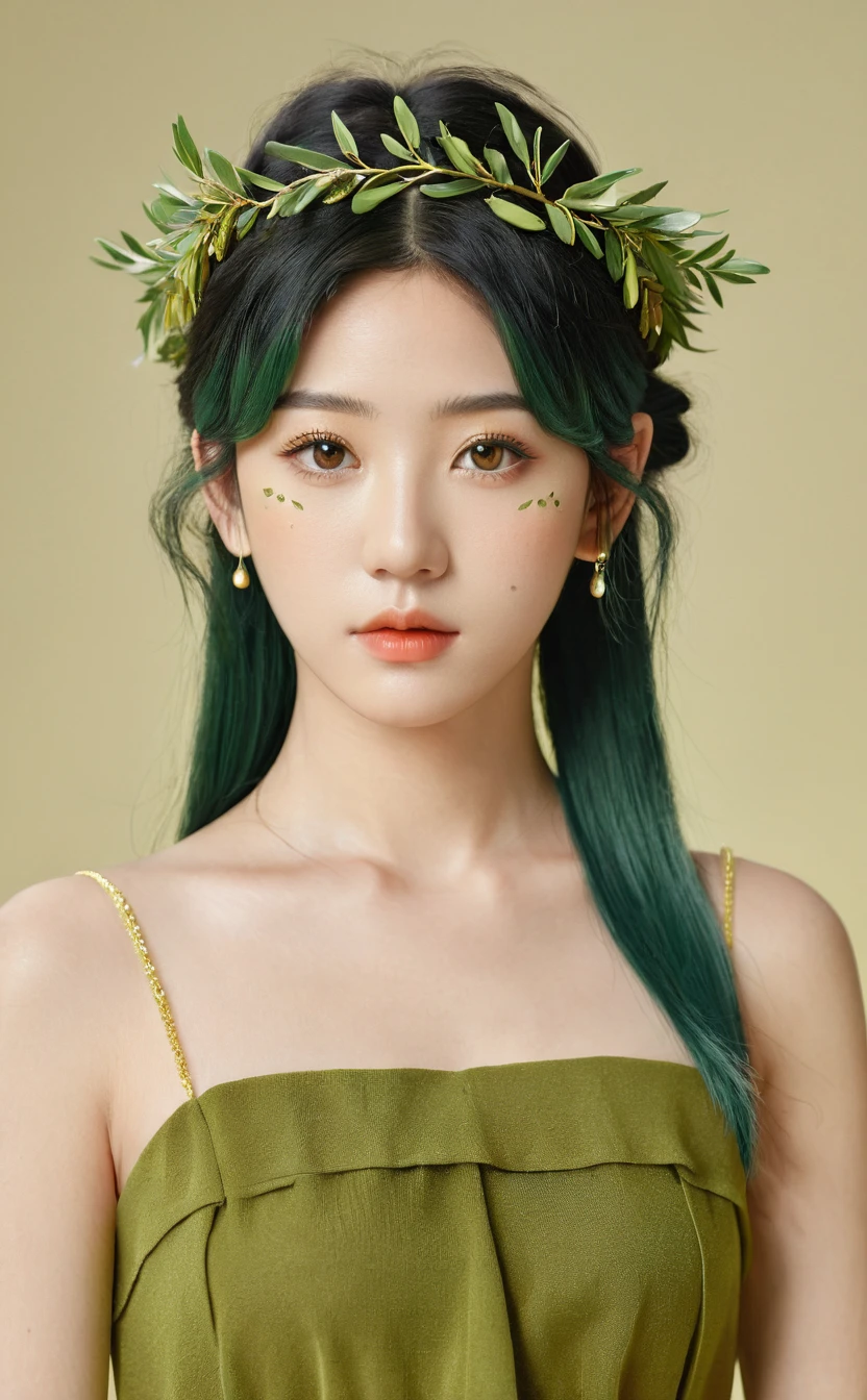 Realistic,Japanese young idol one girl portrait,Upper Body,Dark green hair,indoor,View your viewers,Simple Background,Part your lips,olive leaf tiara,Yellow-green Greek-style dress,Popular Korean makeup,photoRealistic,