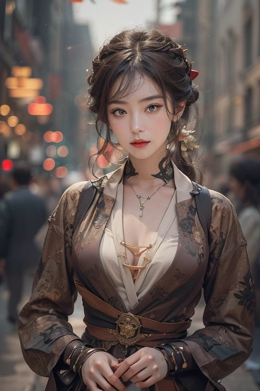 Ride an Antique Bicycle on Baker Street 、Hair flow、 ((highest quality、masterpiece、8k、Best image quality、Ultra-high resolution、Award-winning works)、(Accurate :1.1)、(Look at me and smile:1.1)、Shining fair skin with Ultra-high resolution、The most detailed face、Ultra-high resolution detailed face、Ultra-high resolutionの髪の毛、(Ultra-high resolutionの煌めく瞳:1.1)、Beautiful face drawn in every detail、(Blurred Background:1.1)、Ancient Islamic clothing,  to , tattoo,