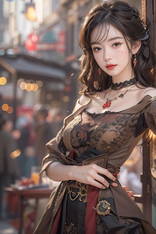 (masterpiece:1.3), (8K, Realistic, RAW Photos, Best image quality: 1.4), Japanese 、18-year-old,(Random Hairstyles:1.2)、Cleavage:1.2、Highly detailed face、Attention to detail、double eyelid、Chest to chest、Sharp focus:1.2、Beautiful woman:1.4、Light brown hair、Highest quality、masterpiece、Ultra-high resolution、(Realistic:1.4)、Highly detailed and professionally lit smiles、Loose fitting steampunk outfit、Shoulder out、thin、Serious expression、Holding a gorgeous necklace in her right hand, In the city、Eat dinner