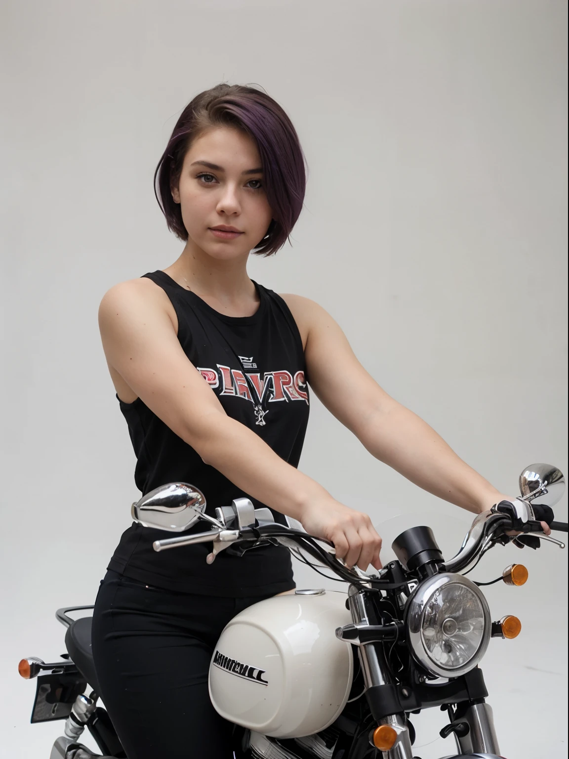 18 years old athletic girl in a motorcycle, purple hair, short undercut haircut, white background