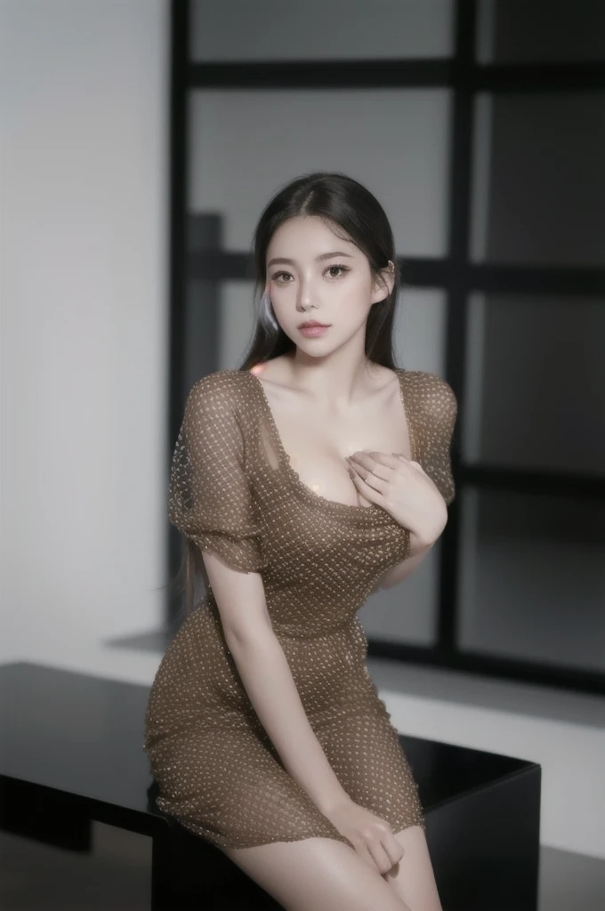 photo of a 18 y.o girl, beautiful vintage color, instagram (photorealistic, high resolution:1.4), ((puffy eyes)), looking at viewer, , full body (8k, RAW photo, best quality, masterpiece:1.2), (realistic, photo-realistic:1.37), (sharp focus:1.2), professional lighting, photon mapping, radiosity, physically-based rendering, (pale skin:1.2), (huge breasts:1.2), looking at viewer, (middle hair:1.5), portrait, purple eyes, (sliver hair:1.1), bangs, (simple background:1.4), solo, upper body, realistic, (masterpiece:1.4), (best quality:1.4), (shiny skin), fashion girl, makeup, smile(skinny, closed mouth,shy:1.3), (sheer sun dresses:1.5513), (standing:1.1), medium bust, sexy pose, {NSFW:2.0},
