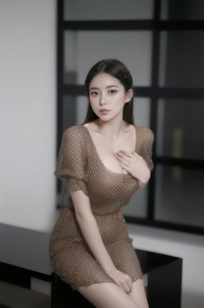 photo of a 18 y.o girl, beautiful vintage color, instagram (photorealistic, high resolution:1.4), ((puffy eyes)), looking at viewer, , full body (8k, RAW photo, best quality, masterpiece:1.2), (realistic, photo-realistic:1.37), (sharp focus:1.2), professional lighting, photon mapping, radiosity, physically-based rendering, (pale skin:1.2), (huge breasts:1.2), looking at viewer, (middle hair:1.5), portrait, purple eyes, (sliver hair:1.1), bangs, (simple background:1.4), solo, upper body, realistic, (masterpiece:1.4), (best quality:1.4), (shiny skin), fashion girl, makeup, smile(skinny, closed mouth,shy:1.3), (sheer sun dresses:1.5513), (standing:1.1), medium bust, sexy pose, {NSFW:2.0},