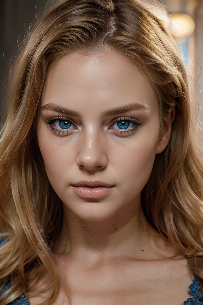 a beautiful blonde girl, stunning face, big lips, blue eyes, intricate detailed portrait, photorealistic, hyper detailed, 8k, ultra-realistic, dramatic lighting, dramatic shadow, chiaroscuro, cinematic, glowing skin, flawless complexion, intense gaze, looking directly at viewer, elegant pose, flowing hair, soft focused background, warm color tones, golden hour lighting