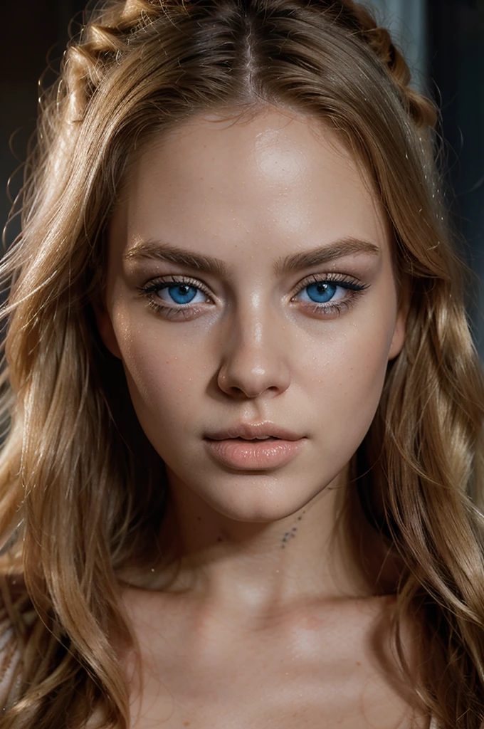 a beautiful blonde girl, stunning face, big lips, blue eyes, intricate detailed portrait, photorealistic, hyper detailed, 8k, ultra-realistic, dramatic lighting, dramatic shadow, chiaroscuro, cinematic, glowing skin, flawless complexion, intense gaze, looking directly at viewer, elegant pose, flowing hair, soft focused background, warm color tones, golden hour lighting
