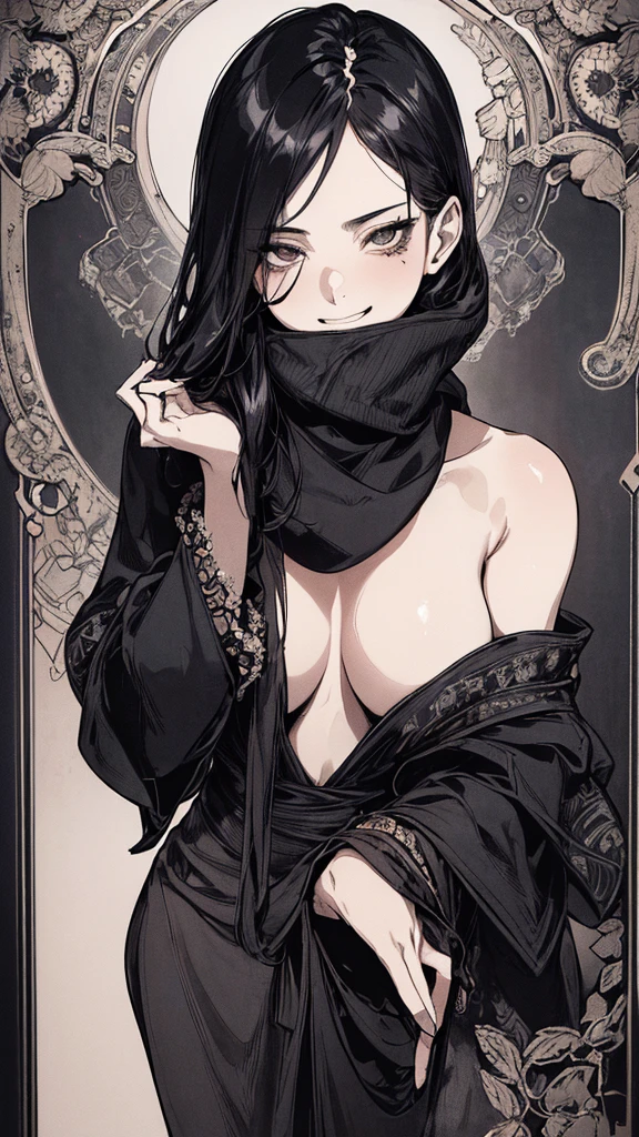 Highest quality, (Background details), High Contrast, Very beautiful woman, Detailed original illustrations, functional, Delicate face, Black Hair、Ninja, Ninja costume, scarf, Cover your face with a hand towel, charm, Naughty kid, sexy, Real breasts, Crazy Smile, Crazy Eyes, Black Robe, Black background, (Black background: 1. 5), Beautiful line art, Monochrome
