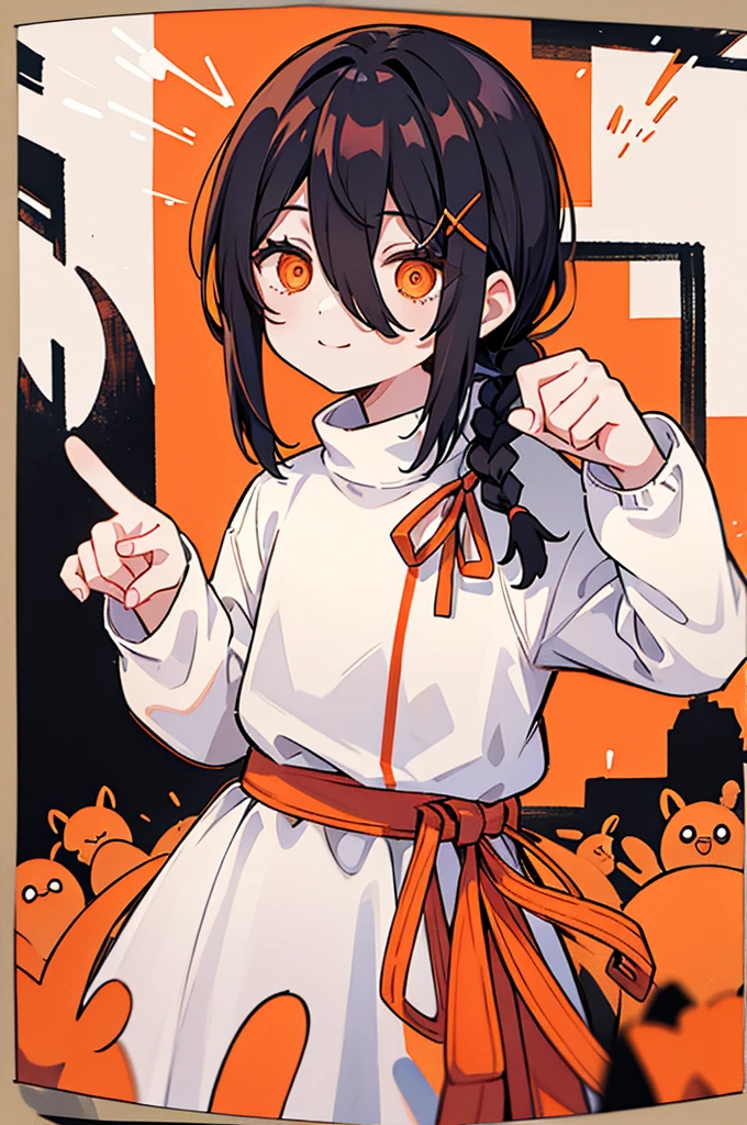 1 girl, solo, Nayuta (chainsaw man), black hair, x hair ornament, long hair, hair ornament, orange eyes, looking at viewer, long sleeves, dress, uniform, smile, ribbon hair, closed mouth, shirt black, hair between eyes, traditional media, (giving half a finger)