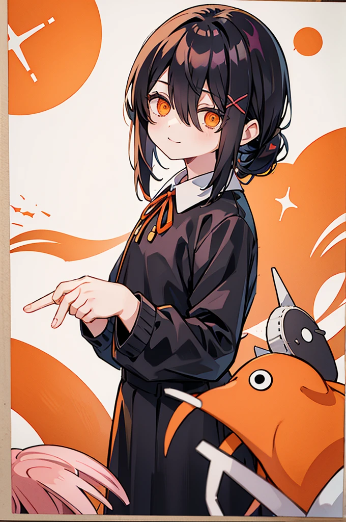 1 girl, solo, Nayuta (chainsaw man), black hair, x hair ornament, long hair, hair ornament, orange eyes, looking at viewer, long sleeves, dress, uniform, smile, ribbon hair, closed mouth, shirt black, hair between eyes, traditional media, (giving half a finger)