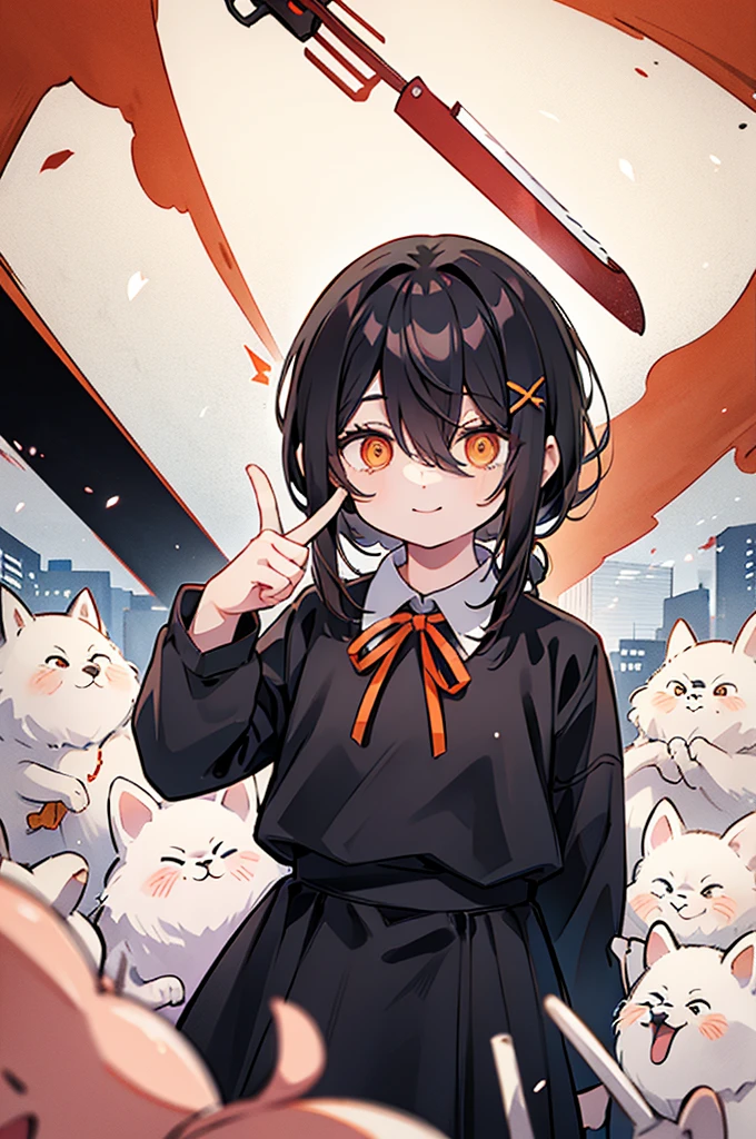 1 girl, solo, Nayuta (chainsaw man), black hair, x hair ornament, long hair, hair ornament, orange eyes, looking at viewer, long sleeves, dress, uniform, smile, ribbon hair, closed mouth, shirt black, hair between eyes, traditional media, (giving half a finger)