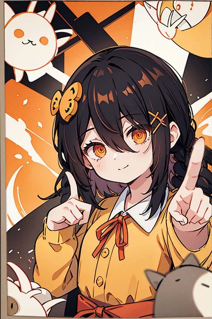 1 girl, solo, Nayuta (chainsaw man), black hair, x hair ornament, long hair, hair ornament, orange eyes, looking at viewer, long sleeves, dress, uniform, smile, ribbon hair, closed mouth, shirt black, hair between eyes, traditional media, (giving half a finger)