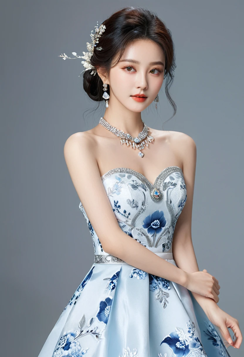 Realistic photo style, whole body 사진에 아름다운 아시아 소녀가 등장합니다., Wearing a unique ethnic style evening gown with delicate skin., bright and lively eyes, Thick eyelashes that look especially attractive. Long dresses are slim and elegant., Eye-catching silver jewelry and alcohol. The high-collar design adds an elegant atmosphere., Color of blue and white porcelain. using light and shadow, The vivid and harmonious appearance of the protagonist is highlighted... whole body, (masterpiece, best quality, professional, perfect composition, very aesthetic, absurd, very detailed, intricate details:1.3)