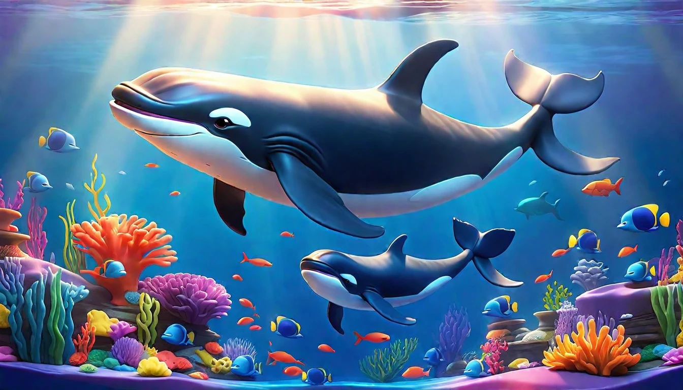 Create a 3-D Pixar style art scene for kids featuring a baby whale swimming alongside its mother whale. The scene should be colorful and vibrant, with an ocean background, coral reefs, and schools of fish. The overall mood should be engaging and inviting for young children.
