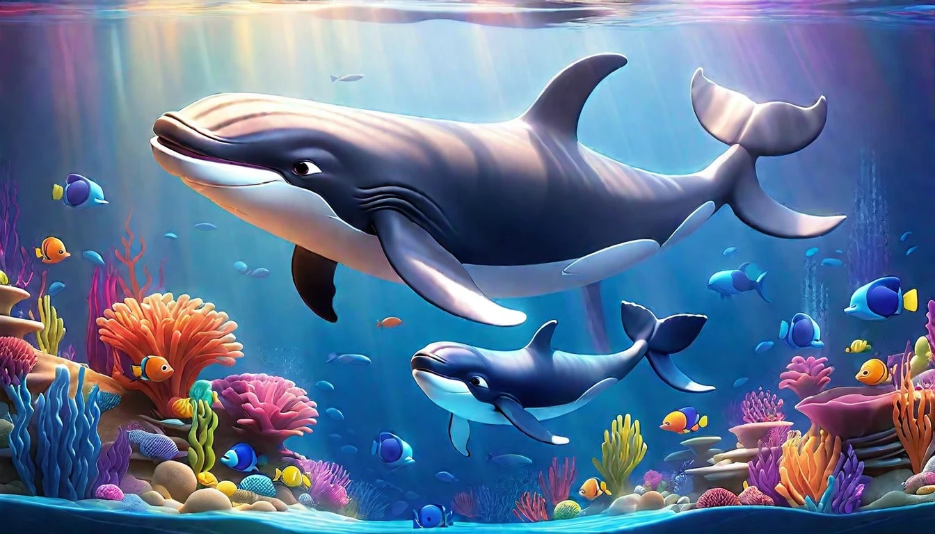 Create a 3-D Pixar style art scene for kids featuring a baby whale swimming alongside its mother whale. The scene should be colorful and vibrant, with an ocean background, coral reefs, and schools of fish. The overall mood should be engaging and inviting for young children.