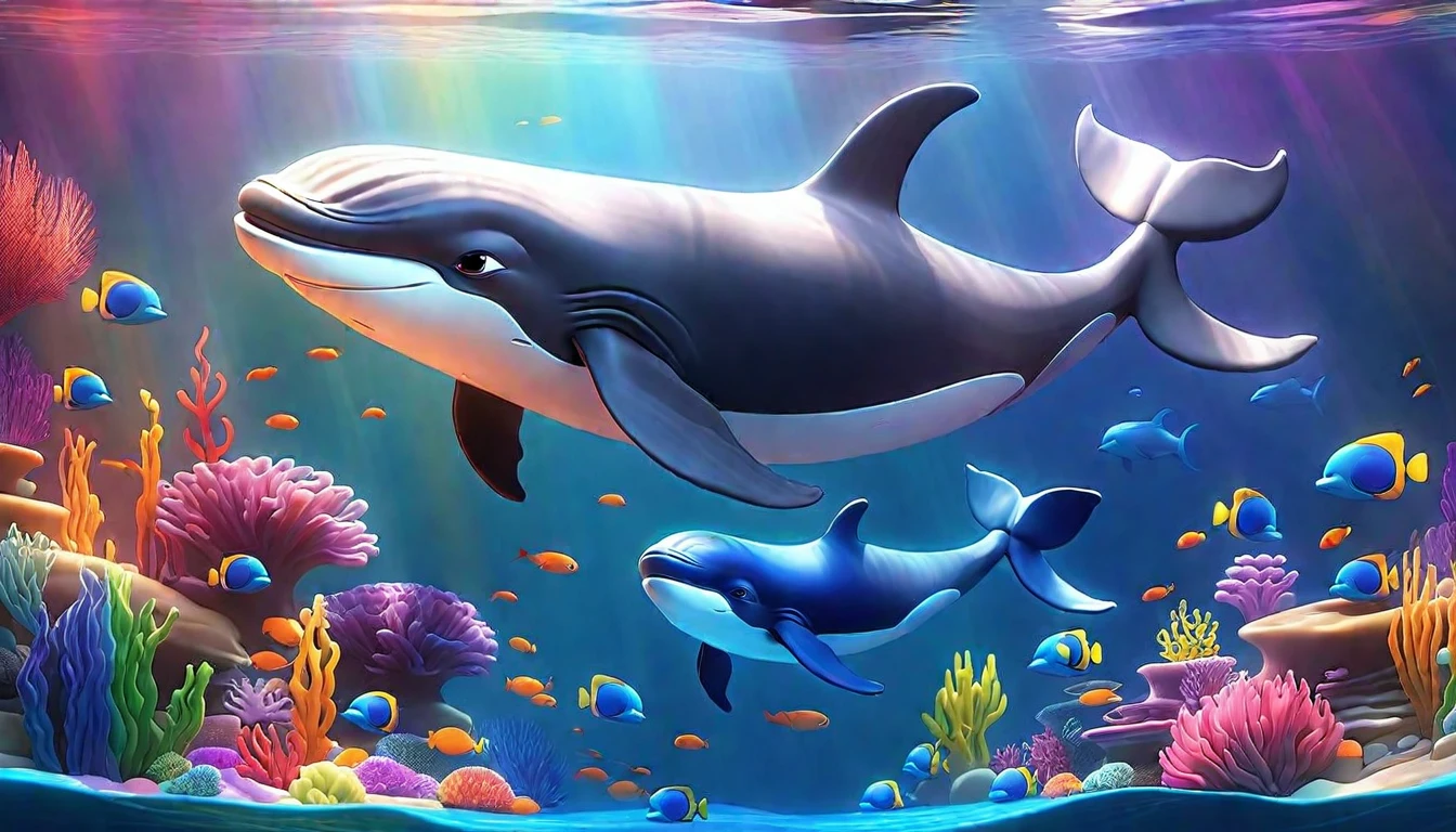 Create a 3-D Pixar style art scene for kids featuring a baby whale swimming alongside its mother whale. The scene should be colorful and vibrant, with an ocean background, coral reefs, and schools of fish. The overall mood should be engaging and inviting for young children.