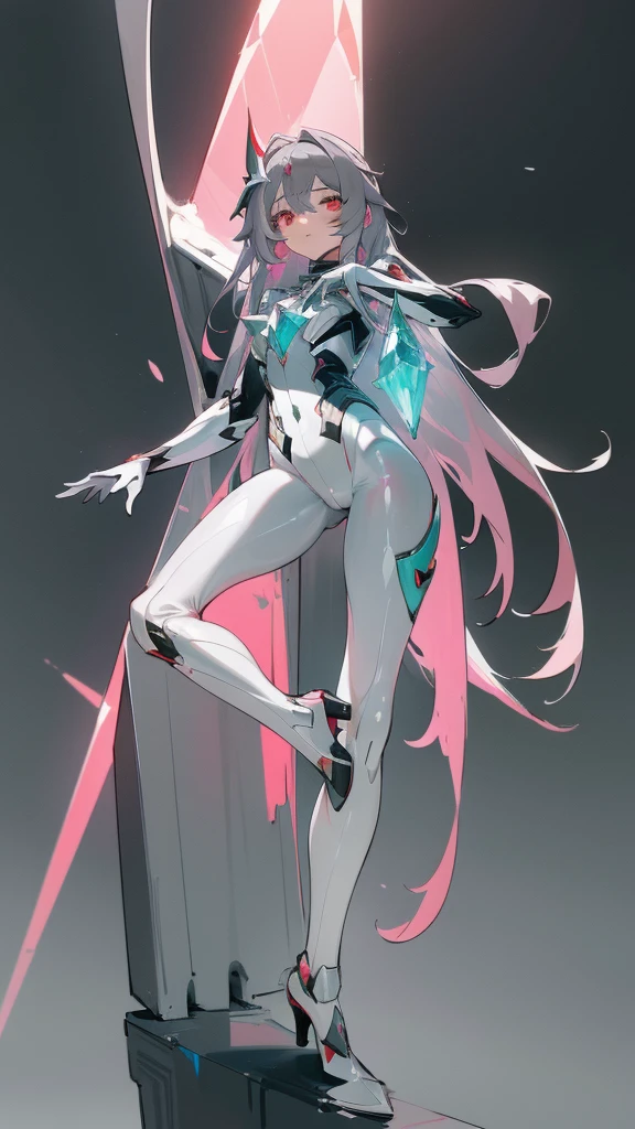 8k, masterpiece, concept_art, (Fu_Hua), (Herrscher_of_Sentience), grey_hair, red_eyes, (plug_suit), white_bodysuit, glowing_bodysuit, pink_accents, green_crystal_on_chest, high_heels, (mystical_armor)